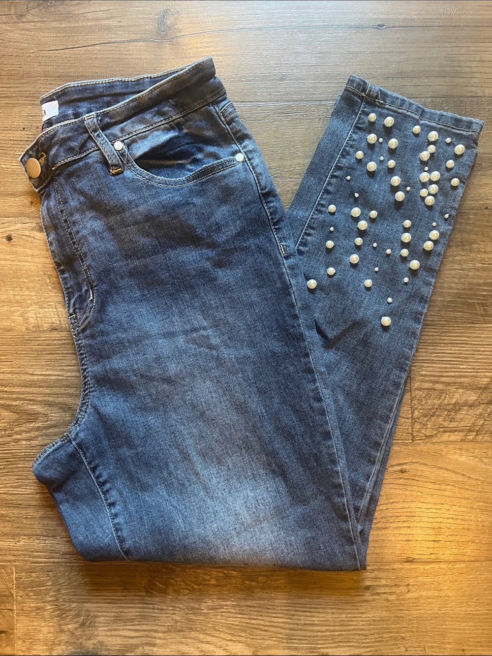 ARULA Dark Blue Skinny Jeans with Pearl Embellishments
